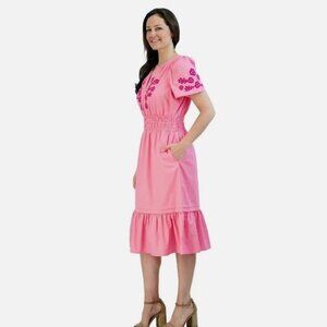 French Connection Embroidered Dress Cotton Puff Sleeve Pockets Pink Size XXL